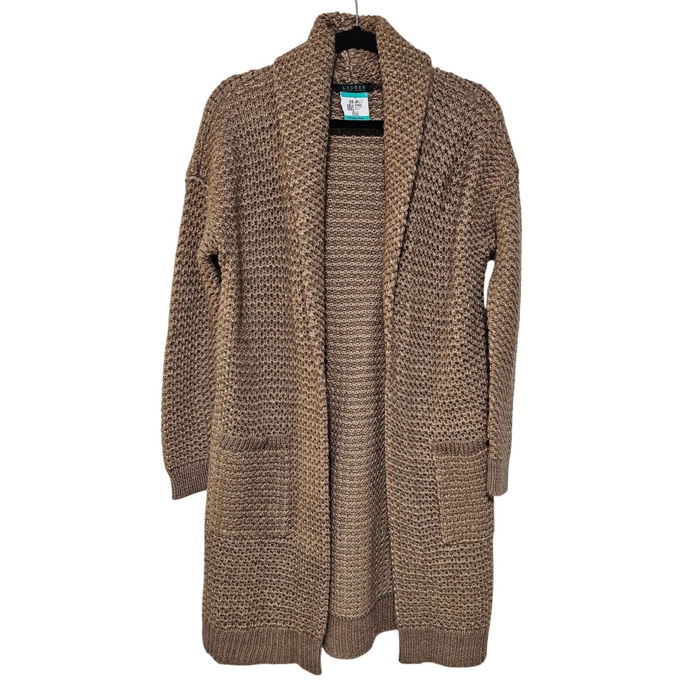 Lauren Ralph Lauren Cardigan Women S Tan Brown Wool Blend Chunky Knit Shawl Long